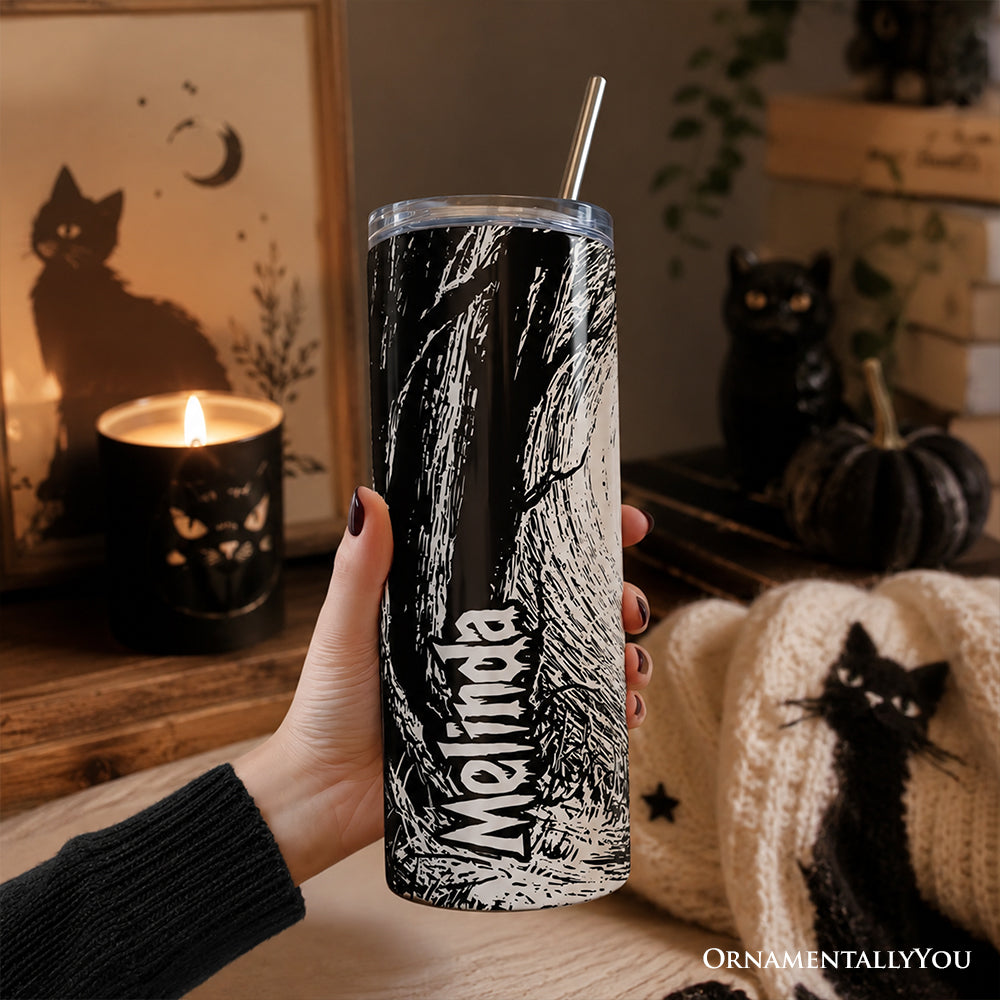 Haunted Forest Black Cat 20oz Personalized Tumbler With Lid and Stainless Steel Straw, Spooky Halloween Night Gift Cup