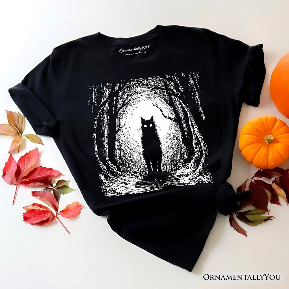 Haunted Forest Black Cat T-Shirt, Spooky Halloween Night Tee T-Shirts OrnamentallyYou Black XS 