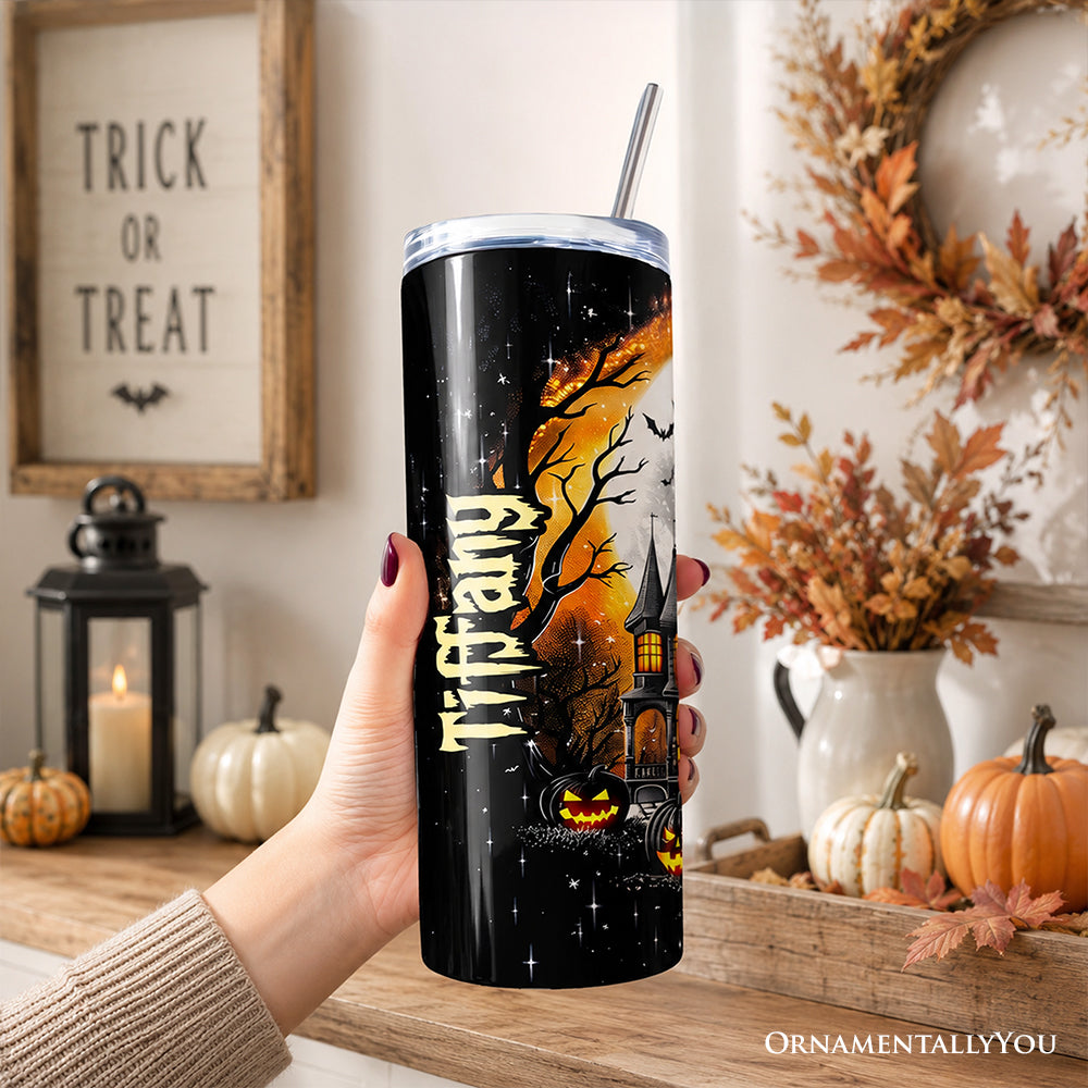 Haunted House Night Halloween 20oz Personalized Tumbler With Lid and Stainless Steel Straw, Spooky Horror Gift Cup