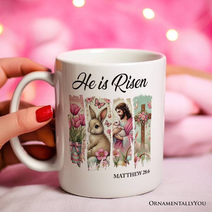 He Is Risen Easter Jesus Personalized Mug, Matthew 28:6 Christian Gift With Custom Name Personalized Ceramic Mug OrnamentallyYou 
