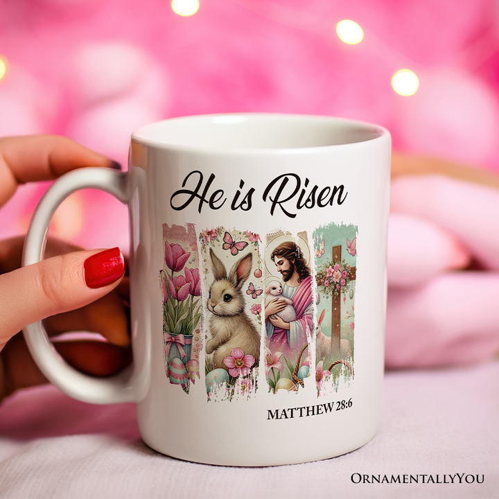 He Is Risen Easter Jesus Personalized Mug, Matthew 28:6 Christian Gift With Custom Name