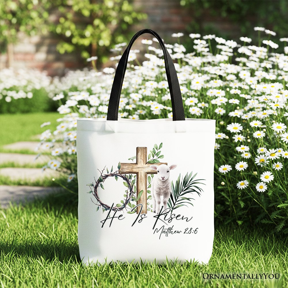 He Is Risen Lamb Cross Christian Easter Tote Bag, Bible Verse Matthew 28:6 Gift Shopper Tote Bag OrnamentallyYou Black Handle 
