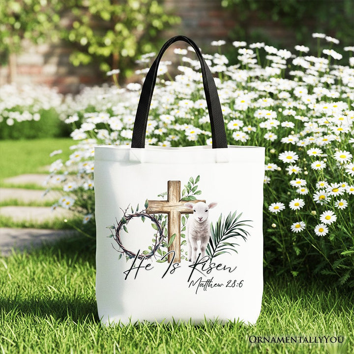 He Is Risen Lamb Cross Christian Easter Tote Bag, Bible Verse Matthew 28:6 Gift Shopper Tote Bag OrnamentallyYou Black Handle 