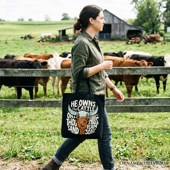 He Owns the Cattle On a Thousand Hills Tote Bag, Christian Western Faith Gift Shopper Tote Bag OrnamentallyYou 