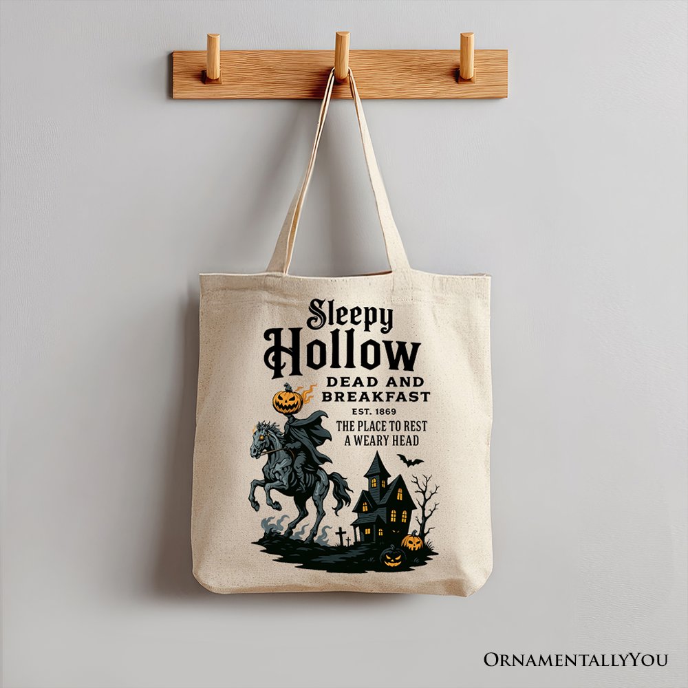 Headless Horseman Sleepy Hollow Halloween Canvas Tote Bag, Dead and Breakfast Retro Gift Tote Bag OrnamentallyYou Beige 