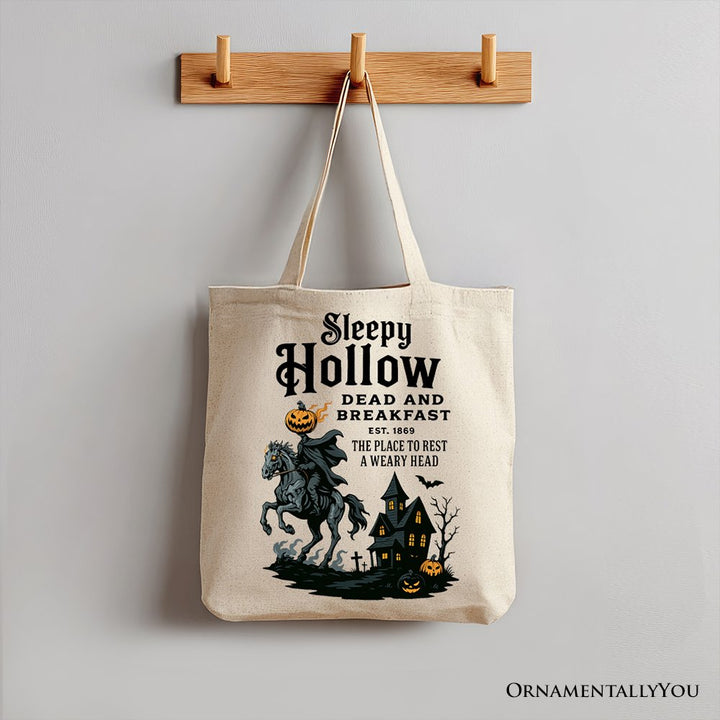 Headless Horseman Sleepy Hollow Halloween Canvas Tote Bag, Dead and Breakfast Retro Gift Tote Bag OrnamentallyYou Beige 