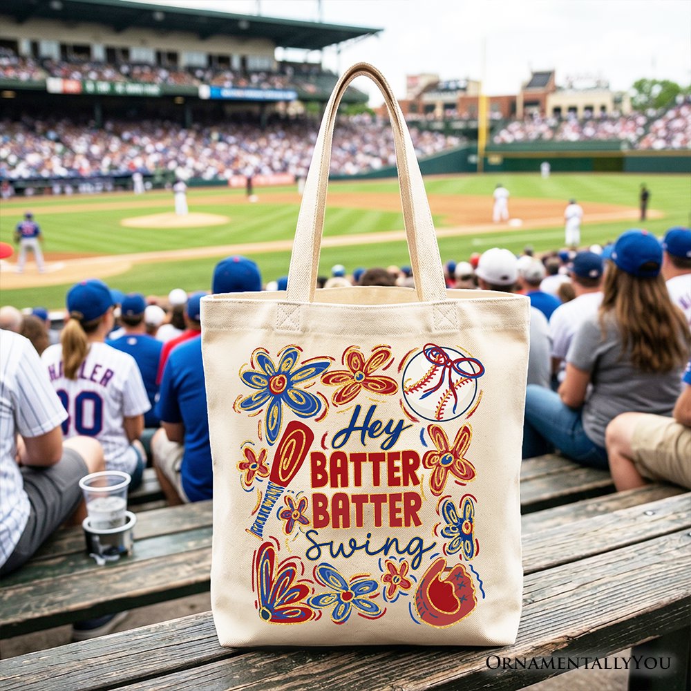 Hey Batter Batter Swing Tote Bag, Retro White and Natural Baseball Gift Shopper Tote Bag OrnamentallyYou Beige 