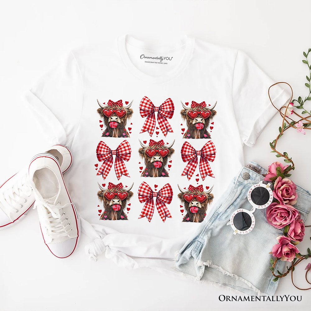 Highland Cow Coquette Bow Valentine T-Shirt, Cute Hearts Western Tee T-Shirts OrnamentallyYou White XS 