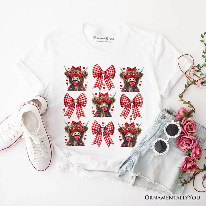 Highland Cow Coquette Bow Valentine T-Shirt, Cute Hearts Western Tee T-Shirts OrnamentallyYou White XS 