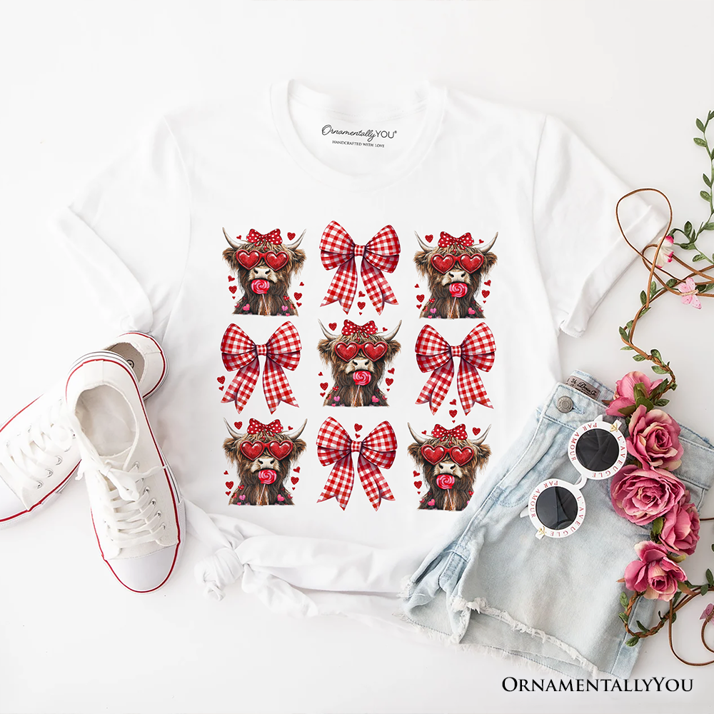Highland Cow Coquette Bow Valentine T-Shirt, Cute Hearts Western Tee