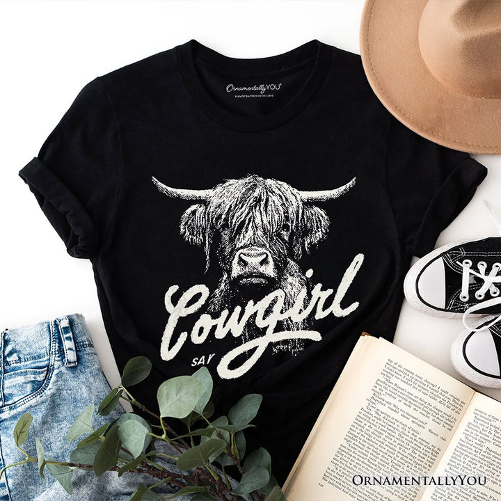 Highland Cow Vintage Cowgirl T-Shirt, Western Country Tee For Women T-Shirts OrnamentallyYou Black XS 