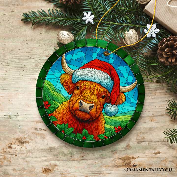 Highland Cow in Santa Hat Stained Glass Style Ceramic Ornament, Christmas Gift and Farmhouse Holiday Decor
