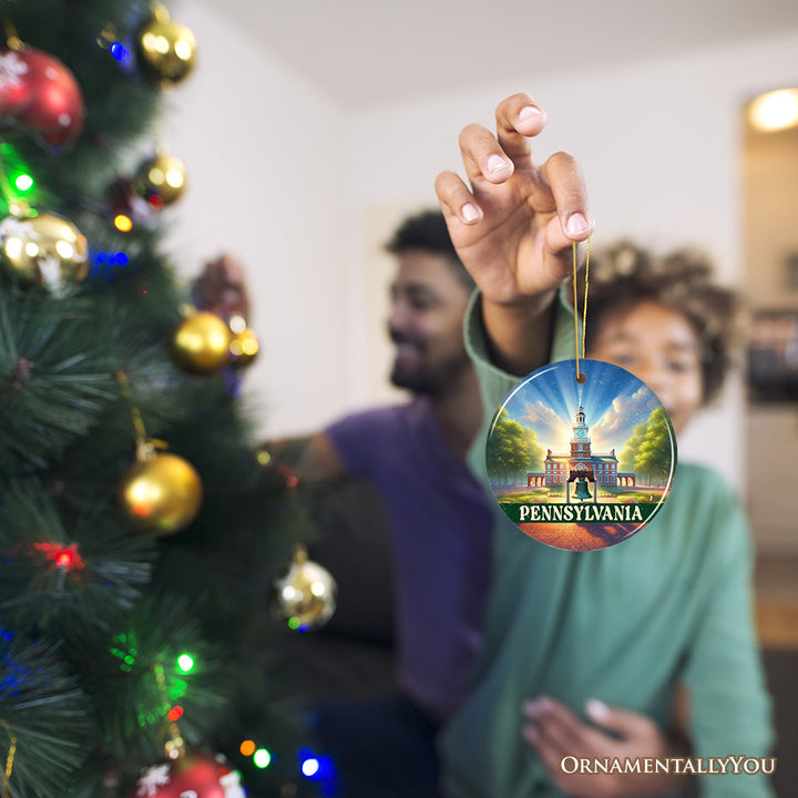 Historic Liberty Bell and Independence Hall Pennsylvania Ornament, Colonial Landmark Christmas Gift and Travel Souvenir