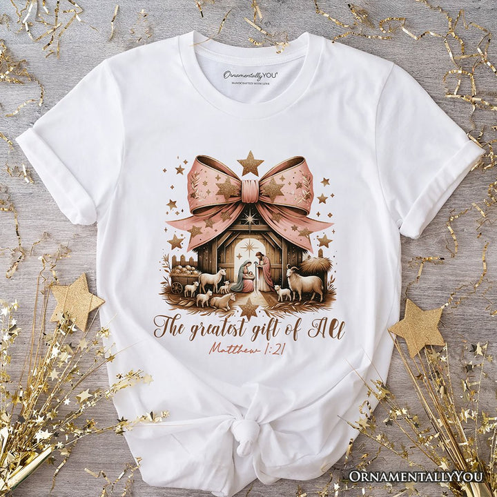 Holy Night Nativity Scene Jesus T-Shirt, The Greatest Gift of All Matthew 1:21 Christian Christmas Tee T-Shirts OrnamentallyYou White XS 
