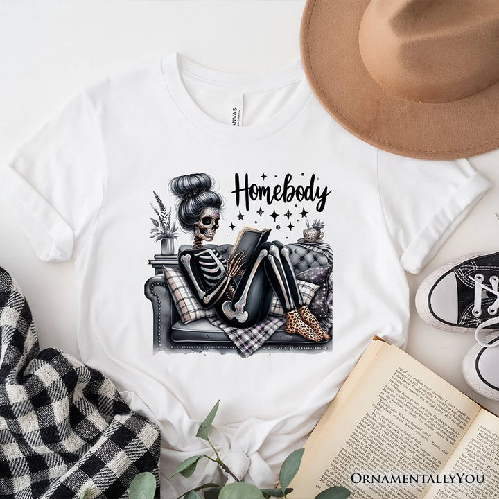 Homebody Reading Skeleton T-Shirt, Funny Lazy Selfcare Tee for Introvert Women T-Shirts OrnamentallyYou White XS 
