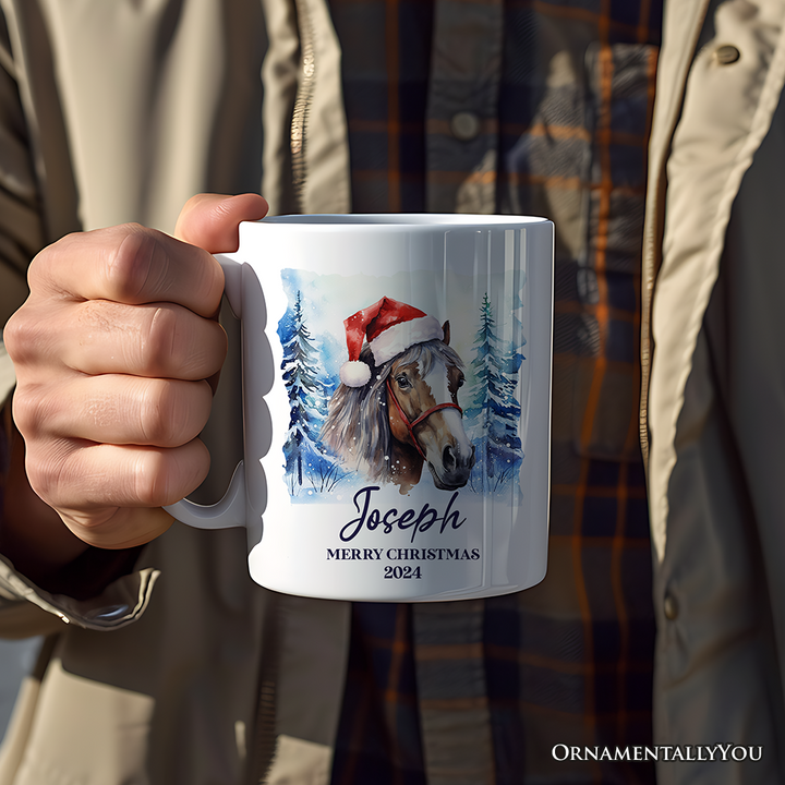 Horse with Santa Hat Personalized Mug, Winter Forest Christmas Gift With Custom Name and Date