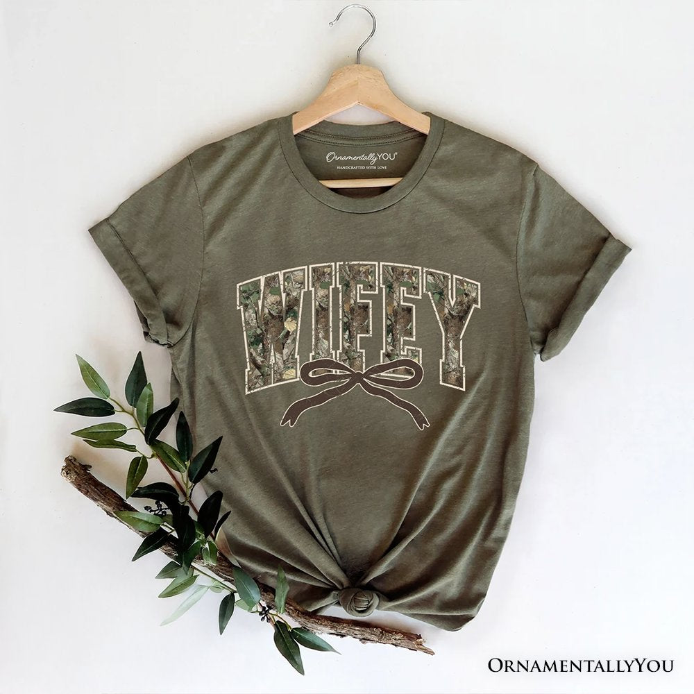 Hunting Wifey Camo Varsity T-Shirt, Country Wife Bow Tee T-Shirts OrnamentallyYou Military Green XS 