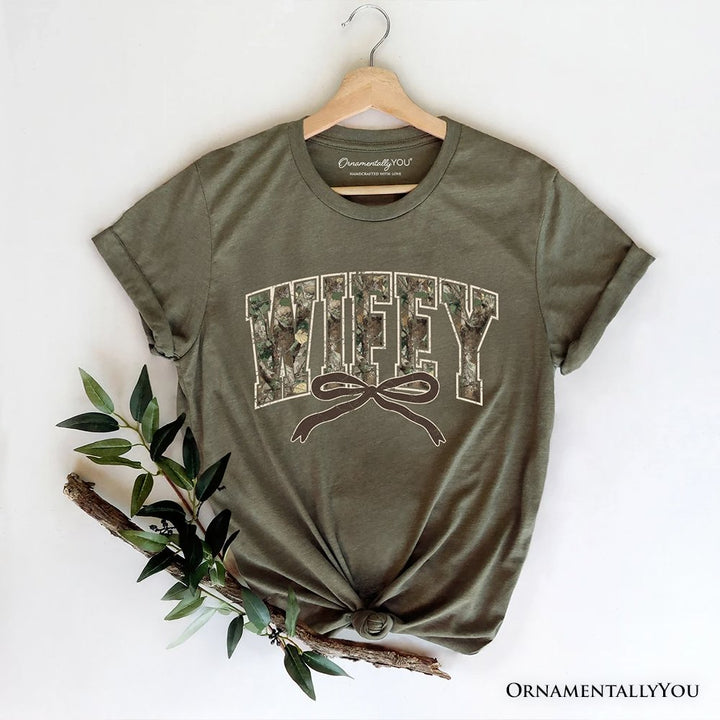 Hunting Wifey Camo Varsity T-Shirt, Country Wife Bow Tee T-Shirts OrnamentallyYou Military Green XS 