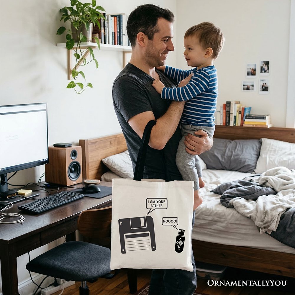 I Am Your Father Floppy Disk Tote Bag, Funny USB Retro Dad Computer Nerd Gift Shopper Tote Bag OrnamentallyYou 