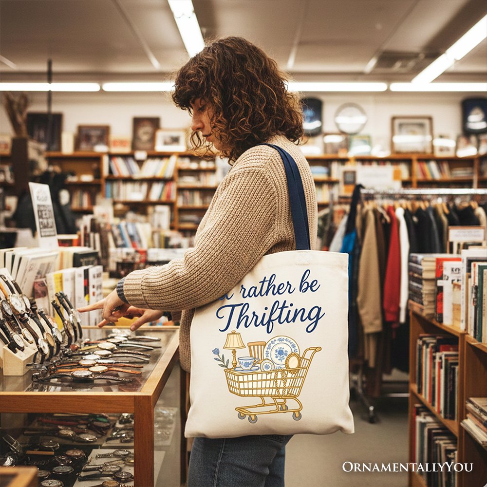 I’d Rather Be Thrifting Canvas Tote Bag, Vintage Thrift Shop Lover Gift Shopper Tote Bag OrnamentallyYou 