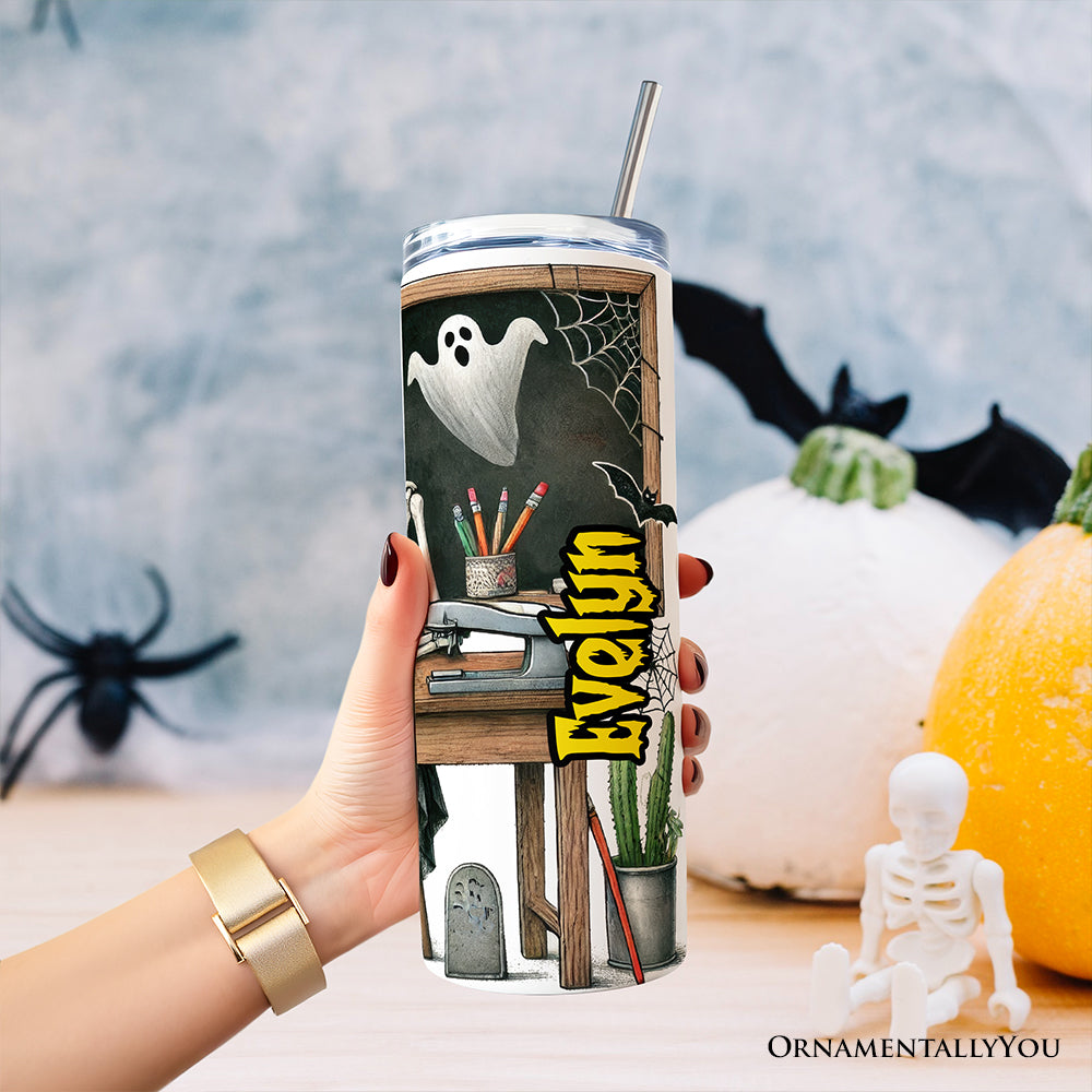 I'll Just Wait Until It's Quiet 20oz Personalized Tumbler With Lid and Stainless Steel Straw, Skeleton Teacher Halloween Humor Gift Cup