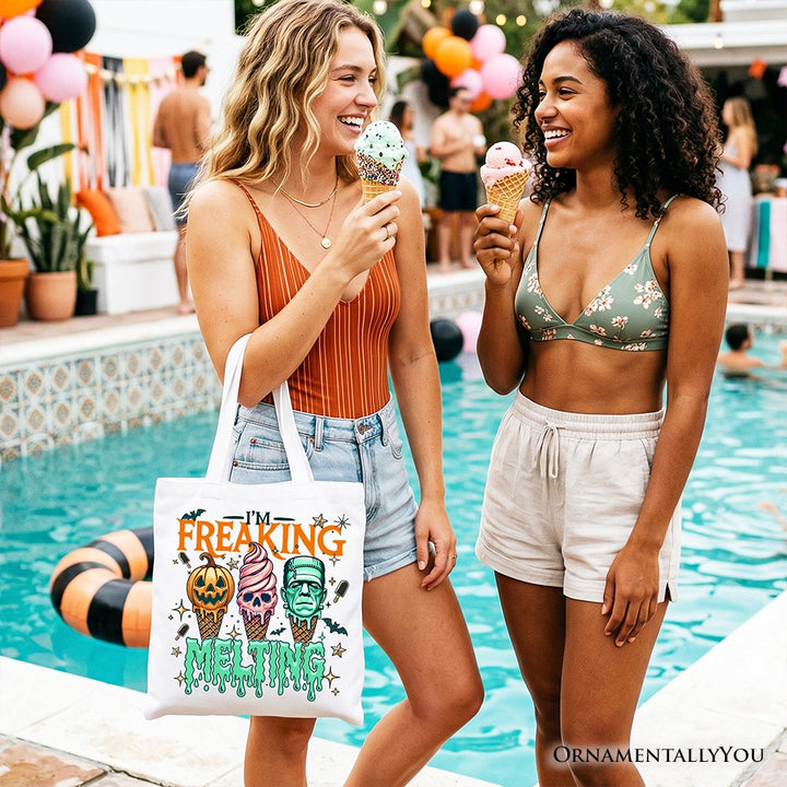 I’m Freaking Melting Frankenstein Tote Bag, Funny Ice Cream Halloween Gift Shopper for Summer Spooky Season Tote Bag OrnamentallyYou 