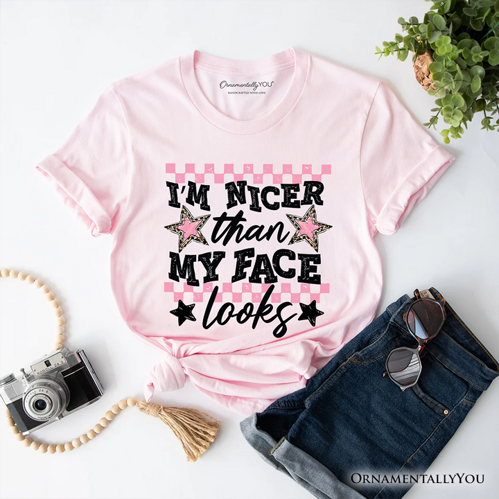 I’m Nicer Than My Face Looks Sarcastic T-Shirt, Relatable Checkered Tee