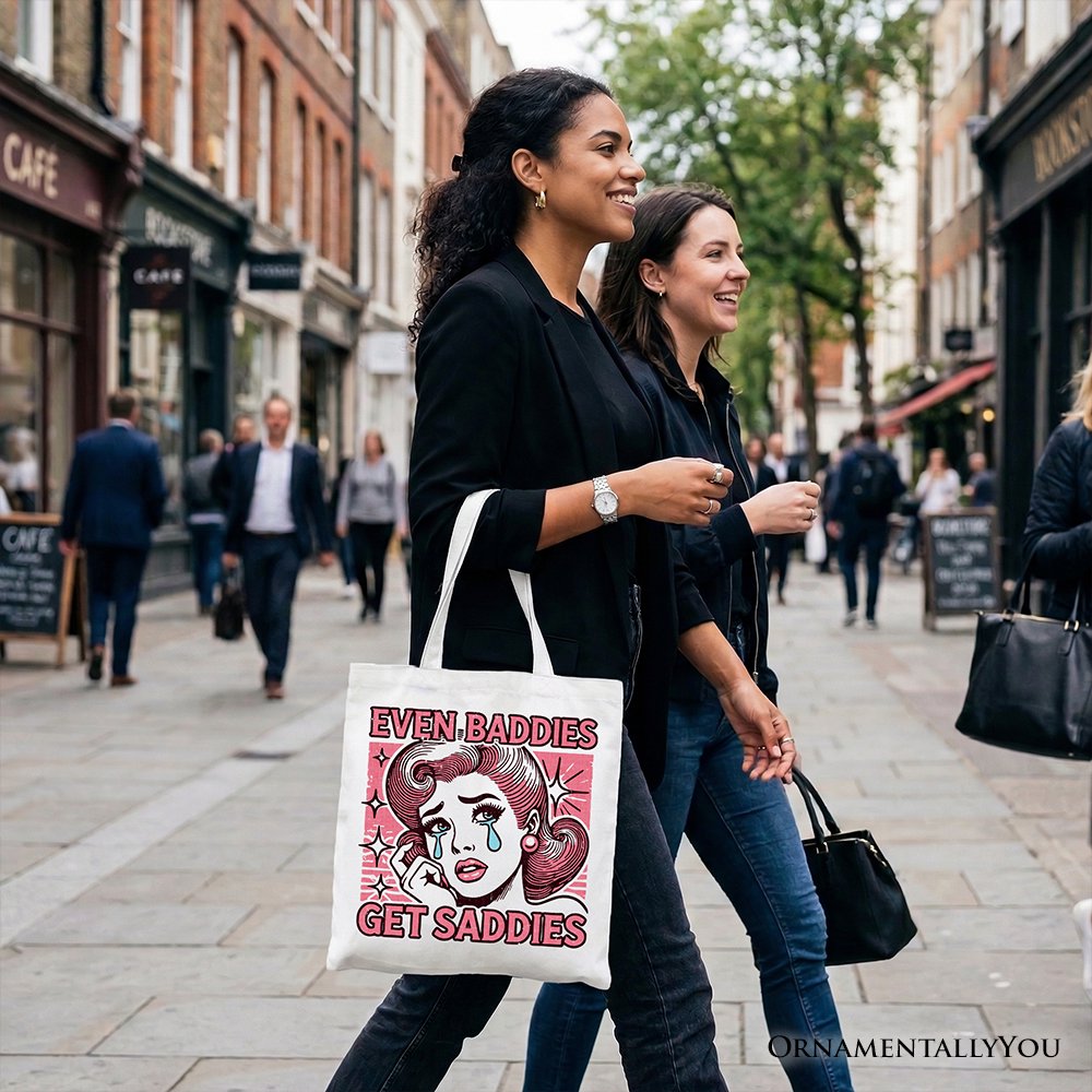 Even Baddies Get Saddies Tote Bag, Retro Crying Girl Pop Art for Stylish and Emotional Women Tote Bag OrnamentallyYou 