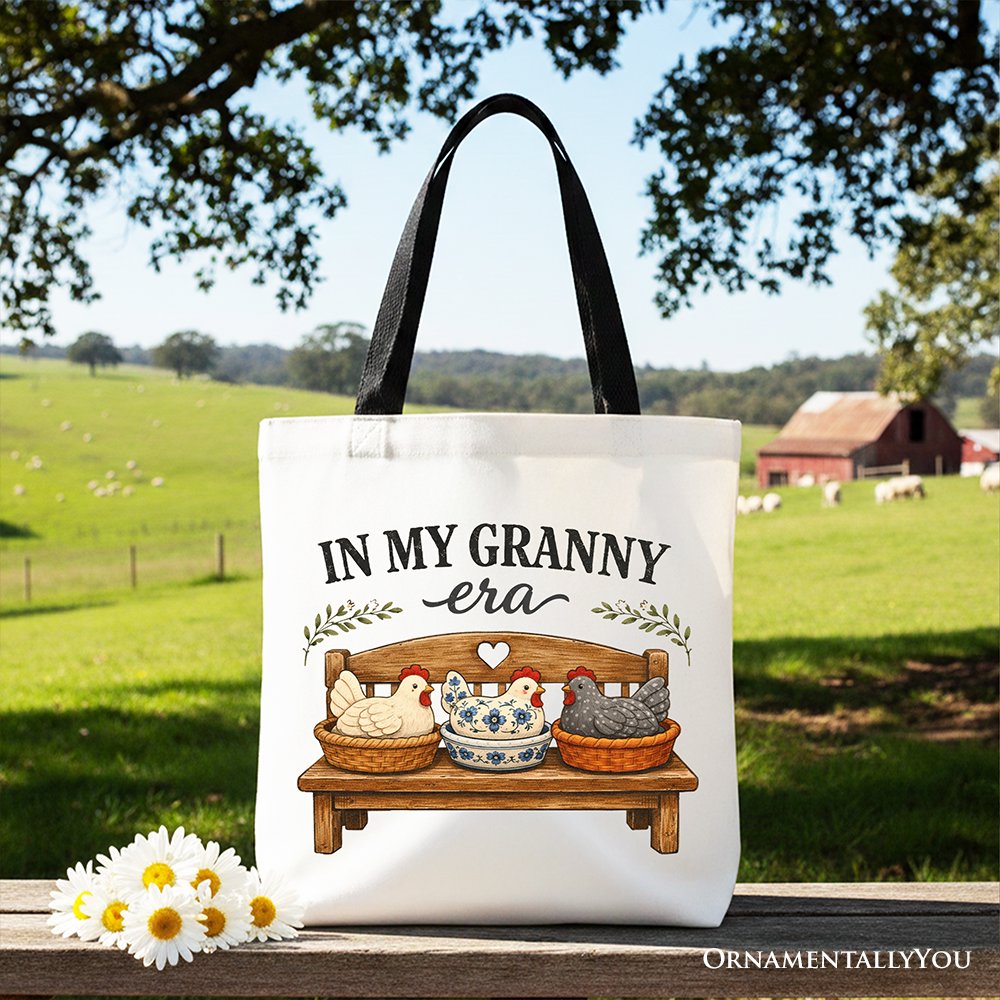 In My Granny Era Chicken Vintage Tote Bag, Cozy Farmhouse Country Grandma Gift Shopper Tote Bag OrnamentallyYou Black Handle 