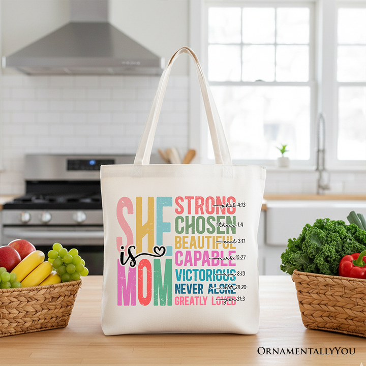 Inspirational Christian Mom Canvas Tote Bag, Affirmation Gift Shopper for Strong and Motivated Mothers