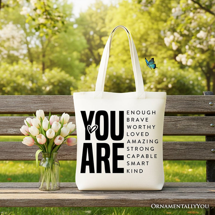 Inspirational Words Canvas Tote Bag, Minimalist Gift Shopper for Encouraging and Loving Significant Others Tote Bag OrnamentallyYou White 