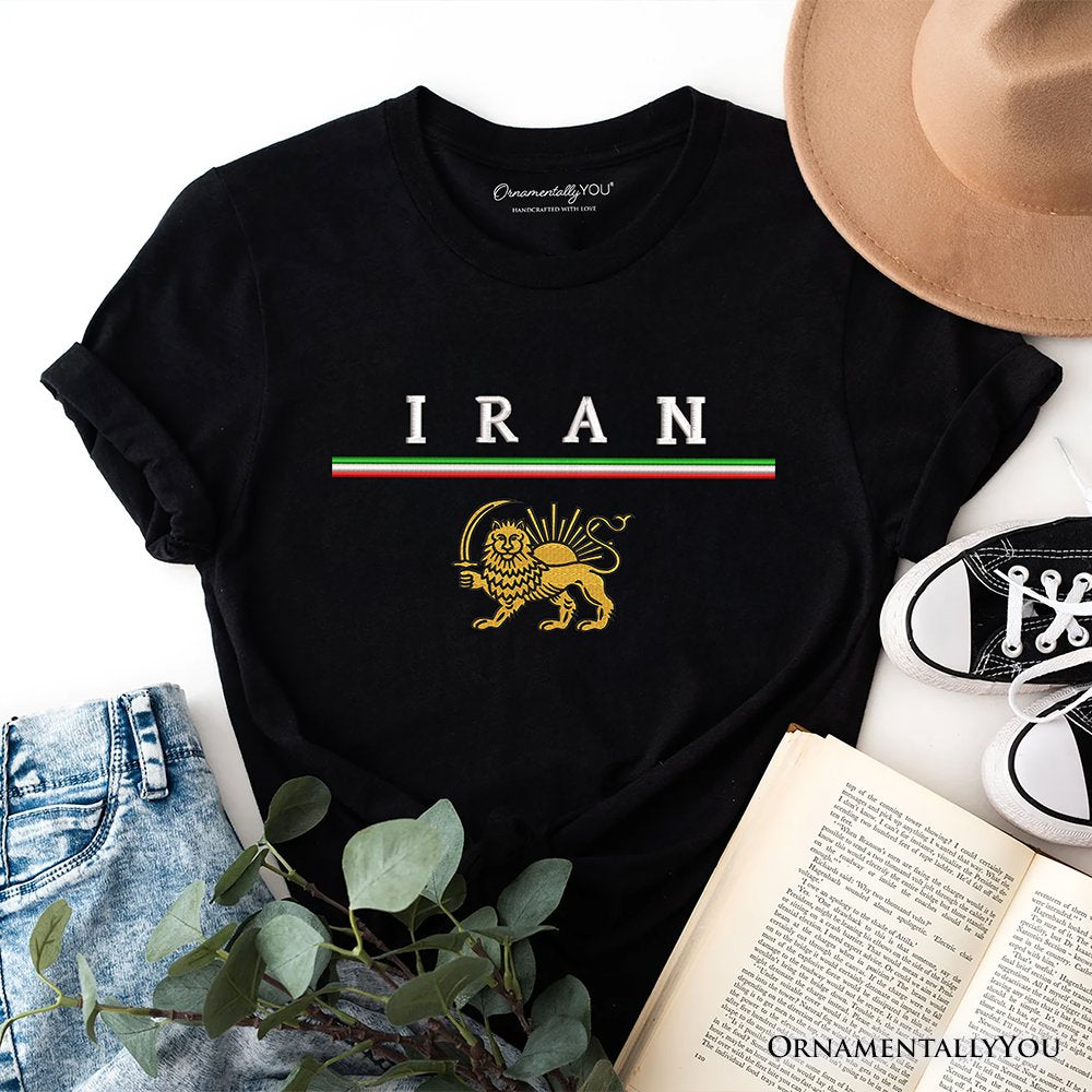 Iran Lion and Sun Flag T-Shirt, Protest Persian Heritage Pride Tee OrnamentallyYou Black XS 