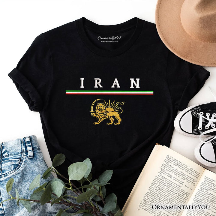 Iran Lion and Sun Flag T-Shirt, Protest Persian Heritage Pride Tee OrnamentallyYou Black XS 