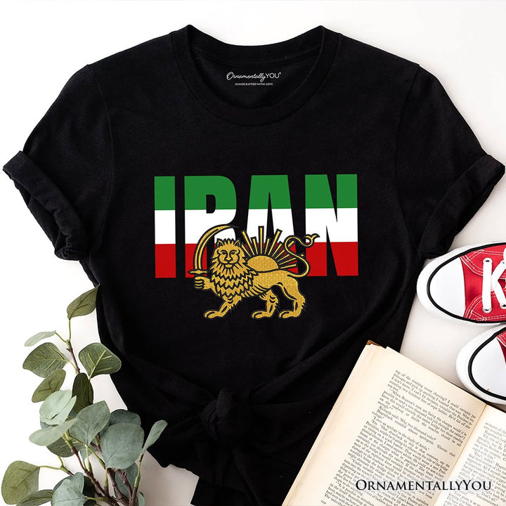 Iran Lion and Sun Flag T-Shirt, Protest Persian Shir-o-Khorshid Heritage Pride Tee OrnamentallyYou Black XS 