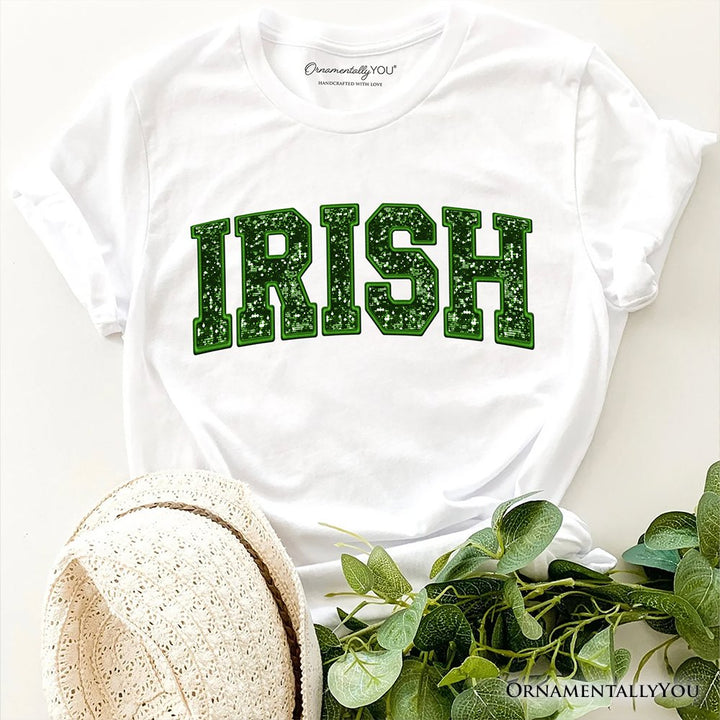 Irish Sequin St Patrick’s Day T-Shirt, Festive Green Glitter Imitation Tee T-Shirts OrnamentallyYou White XS 