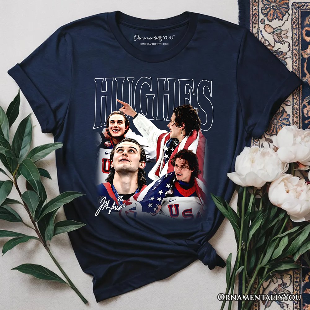 Jack Hughes Olympic Ice Hockey T-Shirt, USA Professional Sport Pride Tee T-Shirts OrnamentallyYou Navy XS 