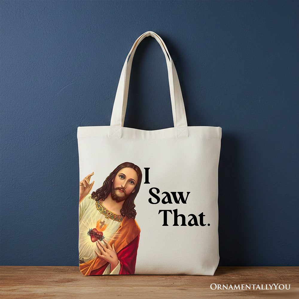 Jesus I Saw That Canvas Tote Bag, Whimsical Christians Gift Shopper Tote Bag OrnamentallyYou White 