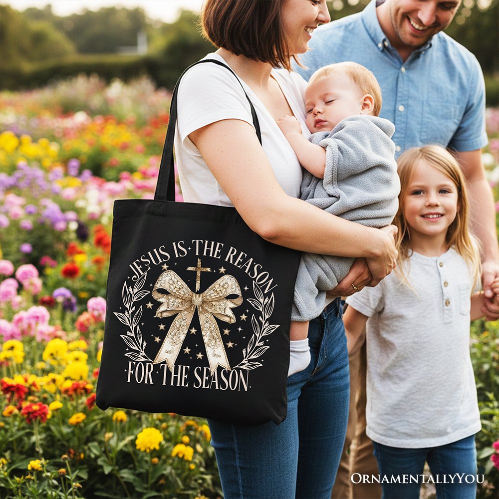 Jesus Is the Reason Christmas Tote Bag, Coquette Gold Bow Cross Gift Shopper for Faithful Women Tote Bag OrnamentallyYou 