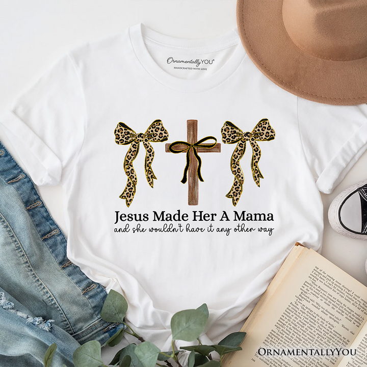 Jesus Made Her A Mama T-Shirt, Coquette Christian Leopard Bows Faith Tee