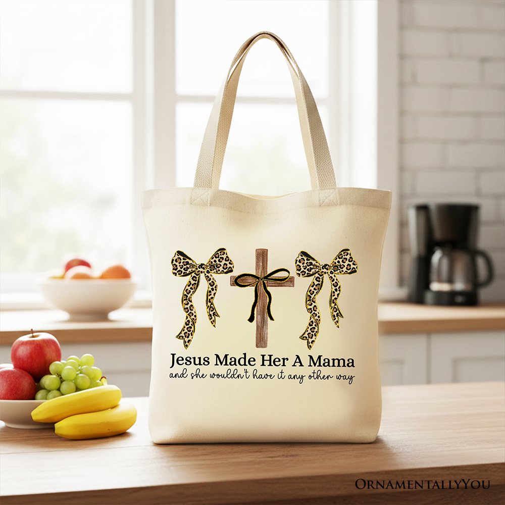Jesus Made Her A Mama Tote Bag, Coquette Christian Leopard Bows Faith Gift Shopper Tote Bag OrnamentallyYou Beige 