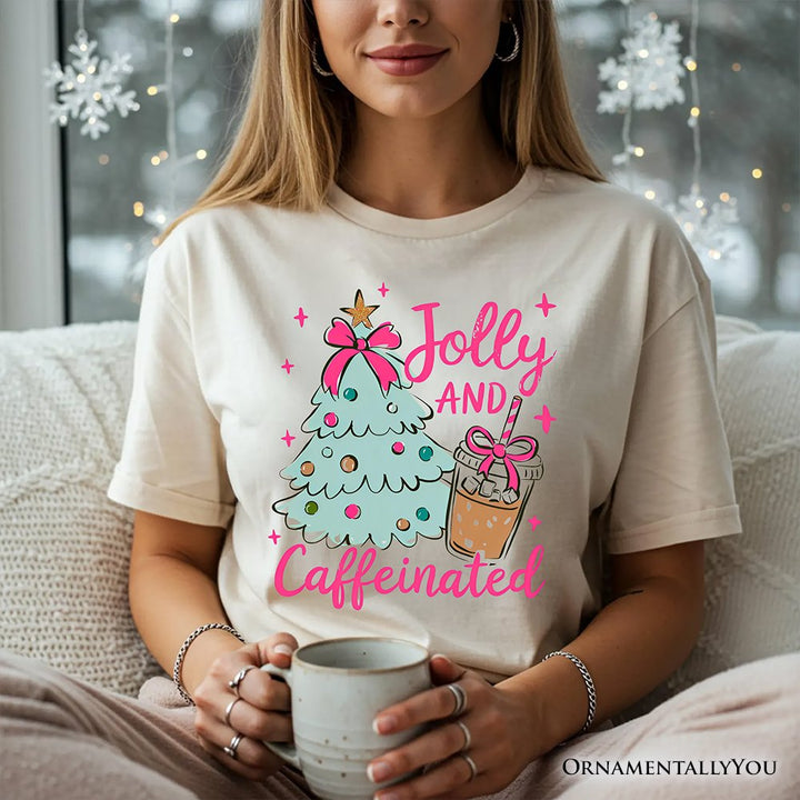 Jolly and Caffeinated Christmas Tree T-Shirt, Retro Coquette Coffee Holiday Tee T-Shirts OrnamentallyYou 