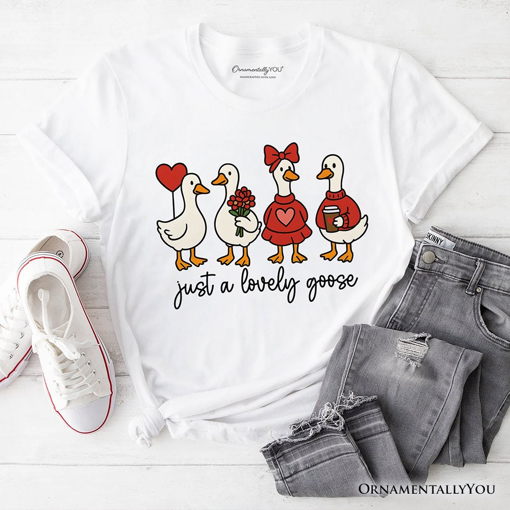 Just a Lovely Goose T-Shirt, Coquette Valentine Cute Love Tee T-Shirts OrnamentallyYou White XS 