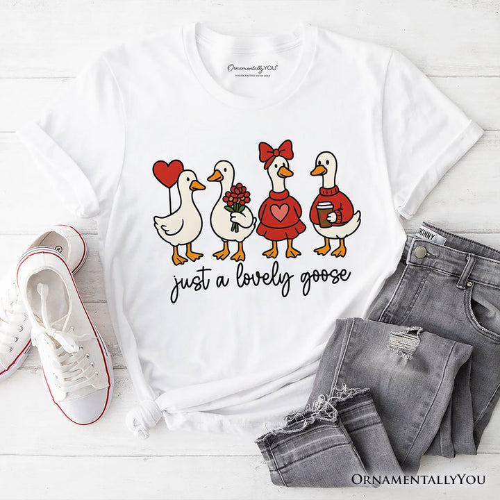 Just a Lovely Goose T-Shirt, Coquette Valentine Cute Love Tee T-Shirts OrnamentallyYou White XS 