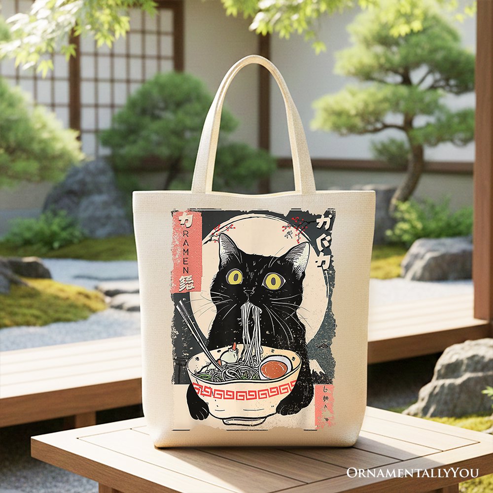 Kawaii Anime Cat Eating Ramen Canvas Tote Bag, Noodle Japanese Art Style Gift Bag Tote Bag OrnamentallyYou Beige 