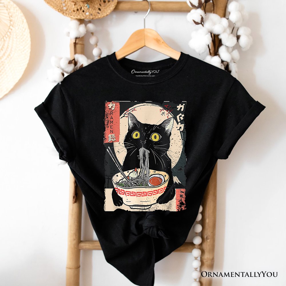 Kawaii Anime Cat Eating Ramen T-Shirt, Noodle Japanese Art Style Tee T-Shirts OrnamentallyYou Black XS 