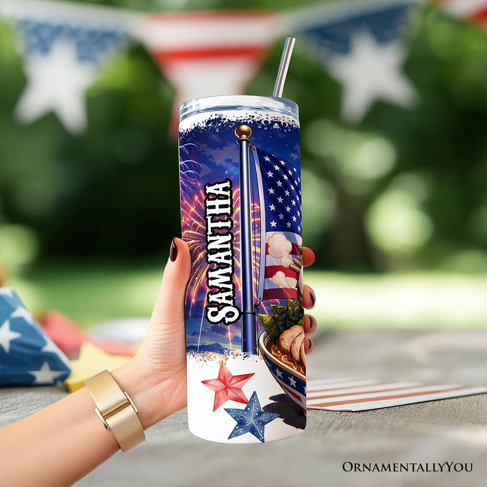 Kawaii Patriotic Ramen Maine Coon Cat 20oz Personalized Tumbler With Lid and Stainless Steel Straw, Japanese Anime Gift Cup Tumbler OrnamentallyYou 