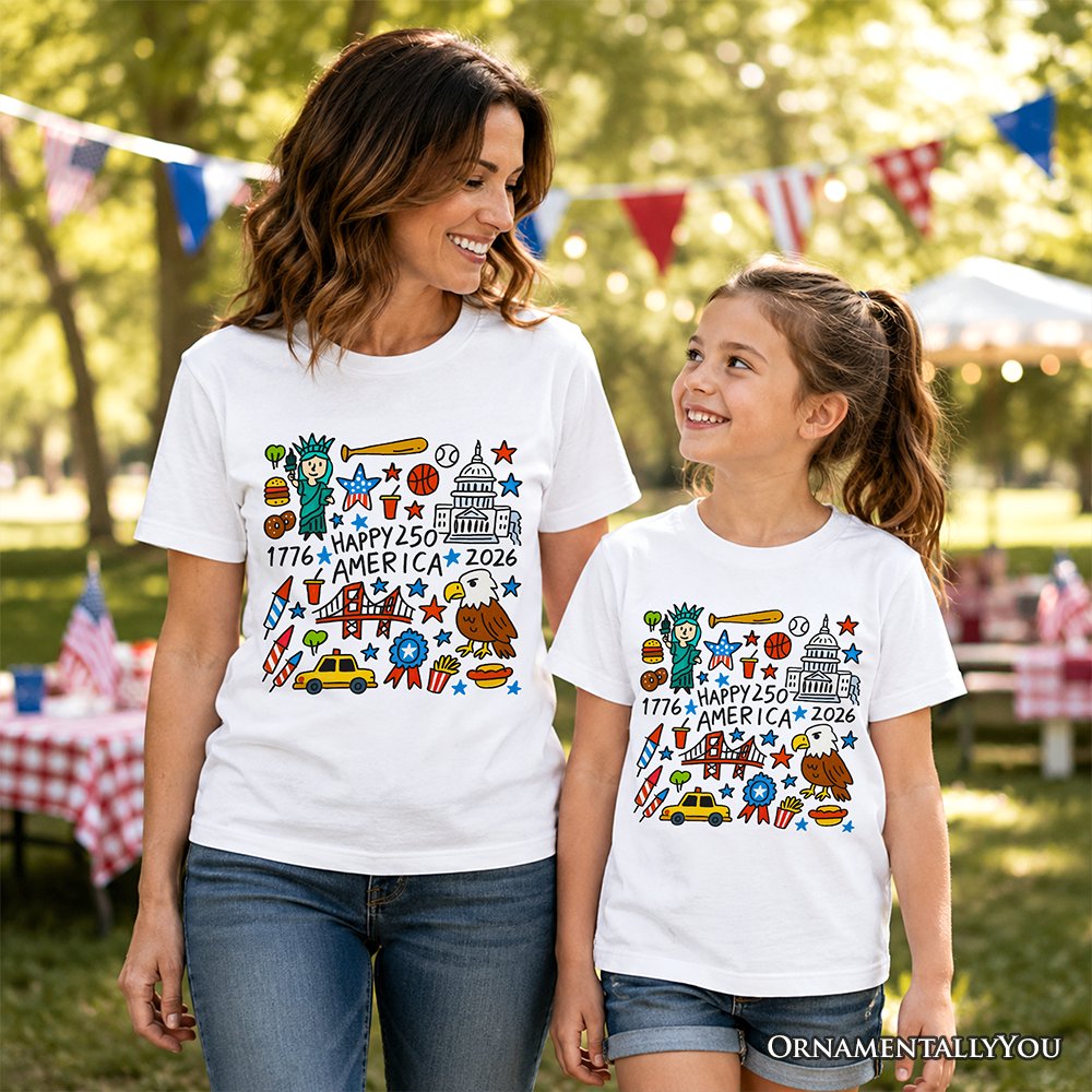 Kids Happy 250 America Doodle T-Shirt, Youth Patriotic USA 1776-2026 250th Anniversary Tee Kid's T-Shirts OrnamentallyYou 