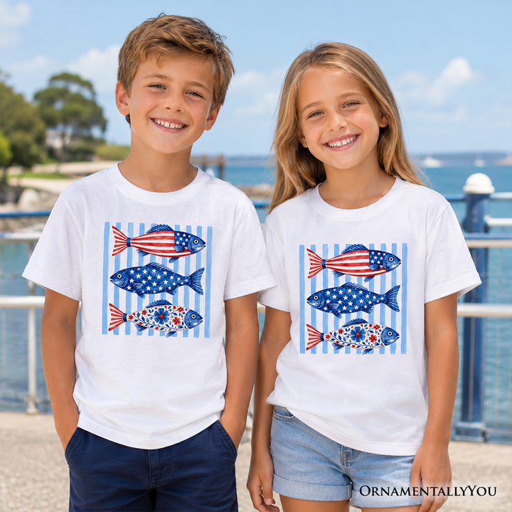 Kids Patriotic Fish Striped T-Shirt, 4th of July Beach Youth Tee
