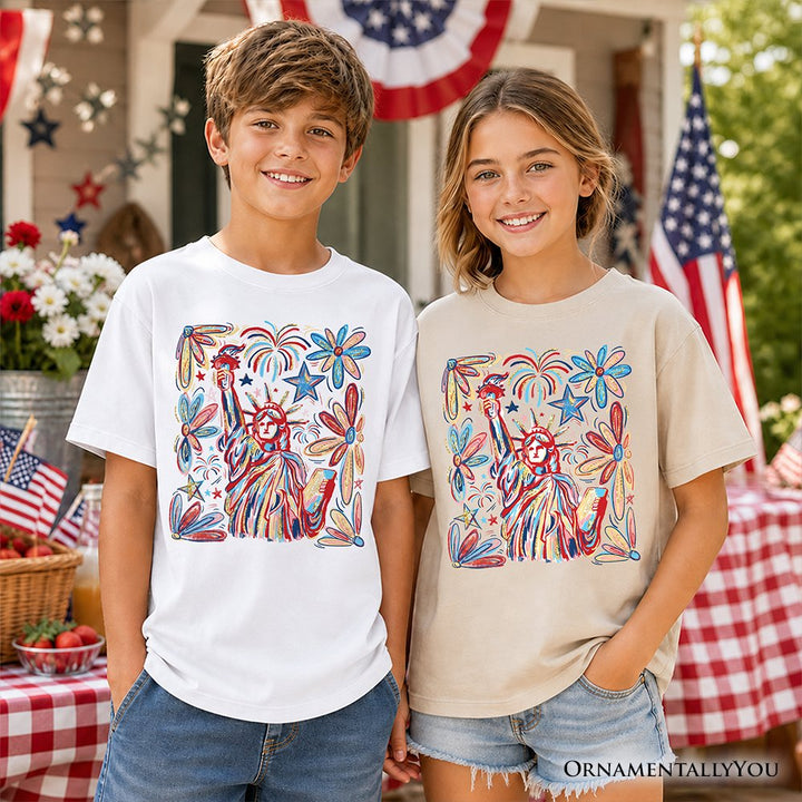 Kids Patriotic Statue of Liberty and Fireworks T-Shirt, Festive 4th of July Youth Tee Kid's T-Shirts OrnamentallyYou 