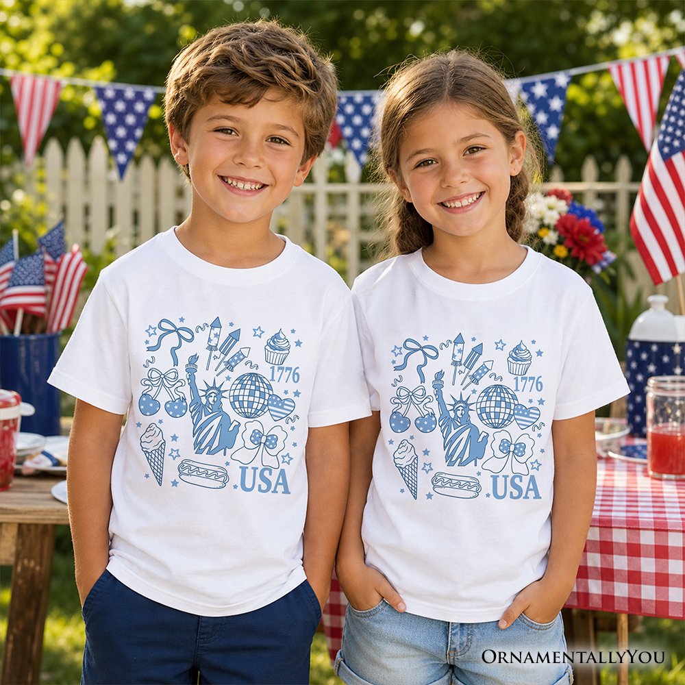 Kids USA Liberty Retro Coquette T-Shirt, Youth 1776 Patriotic 4th of July Tee Kid's T-Shirts OrnamentallyYou 